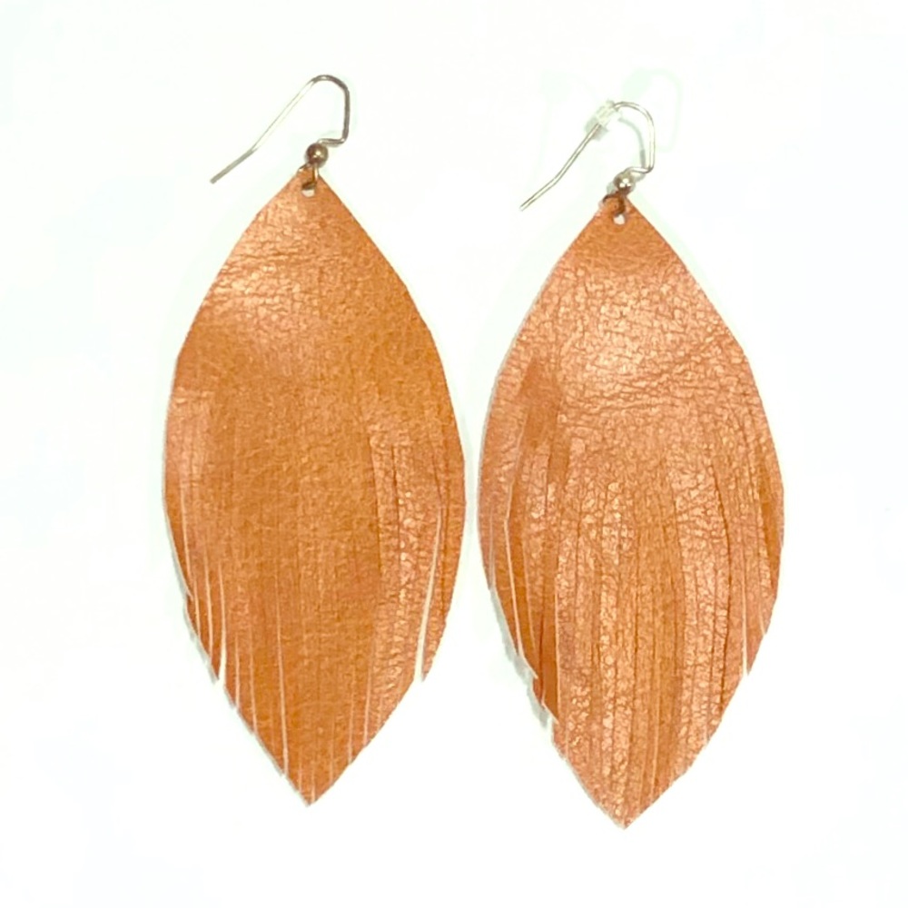 Leather Feather Fringe Earrings Dark Orange